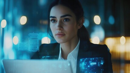 Naklejka premium Professional businesswoman in formal attire focused on laptop in modern office, illuminated by soft bokeh lights, featuring data protection hologram and technology concepts.