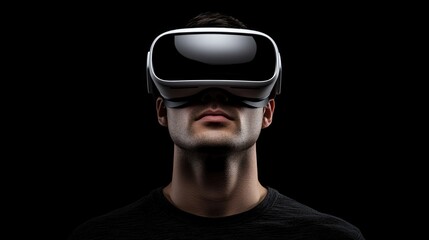 Advanced Biometric Facial Recognition Technology Featuring Young Man with Virtual Reality Headset Against Dark Background in Urban Setting