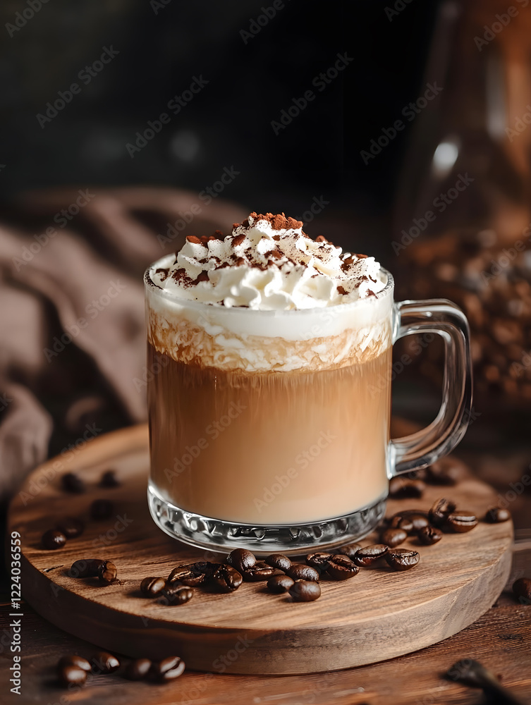 Poster rustic coffee mug with whipped cream on wooden table surrounded by beans : generative ai