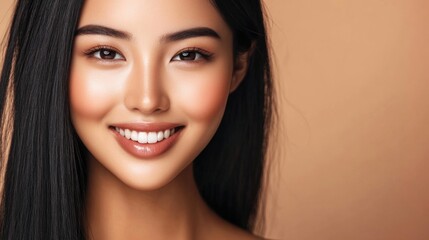 Fototapeta premium Smiling Asian woman with long black hair and flawless skin in close-up against warm neutral background ideal for beauty skincare and cosmetic advertising