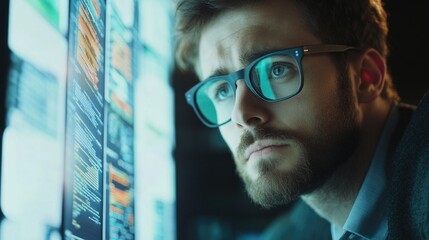 Focused young programmer wearing eyeglasses contemplating data visualization on a digital flip chart in a modern office setting