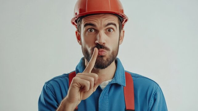 Plumber in blue uniform with red hard hat making silence gesture with finger on lips against light gray background
