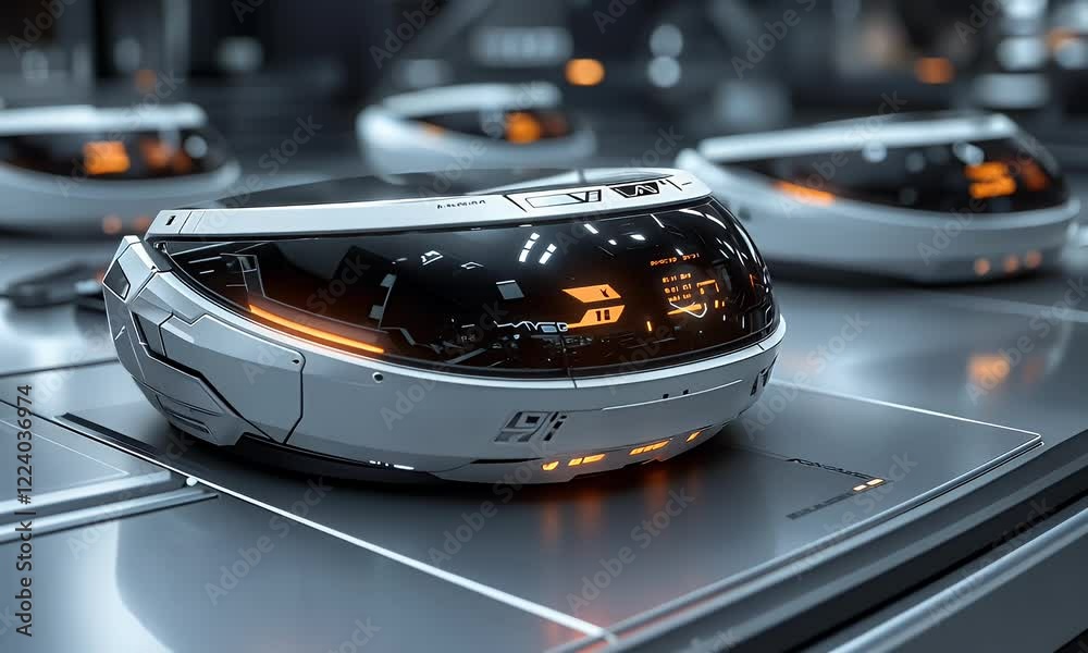Poster futuristic helmets charging in factory; tech background