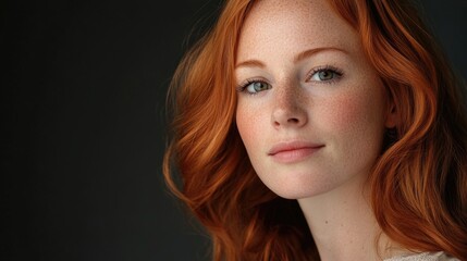 Portrait of a young woman with vibrant red hair and clear skin adorned with freckles, captured in soft natural light against a dark background.