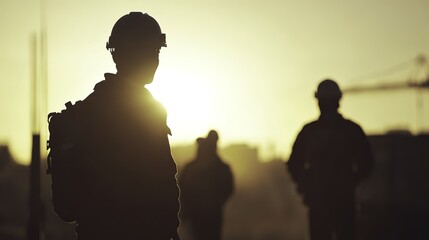 Engineer and construction team at work, silhouetted against a warm sunset, embodying teamwork and progress in industrial settings.