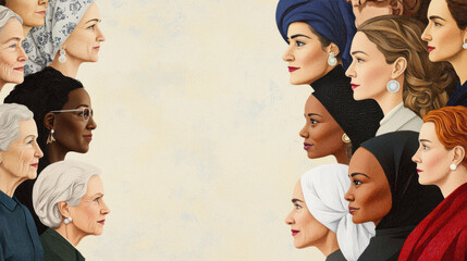 A diverse group of women of various ages and ethnicities faces each other, highlighting unity, strength, and the beauty of diversity.