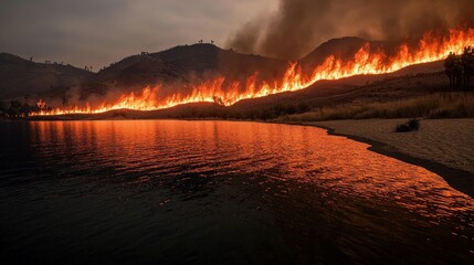 Fototapeta premium Wildfire burning hills reflected in water