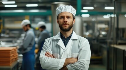 Fototapeta premium Confident male supervisor in white coat and hat with arms crossed, overseeing diverse workers in modern manufacturing plant with industrial machinery and bright lighting.