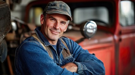 Confident middle-aged male mechanic in denim workwear smiling at the camera in a rustic auto repair shop with vintage red truck background.