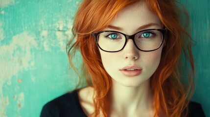Fototapeta premium Portrait of a young woman with vibrant red hair and glasses, showcasing striking blue eyes against a textured teal background, in a stylish and playful tone.