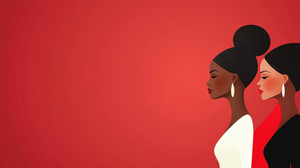 Two elegantly styled women stand side by side, highlighting their graceful profiles against a vibrant red background.
