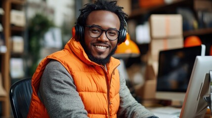 Smiling male small business owner in orange vest and headphones, seated at desk with computer in cozy shop, engaged in order collection and customer service.