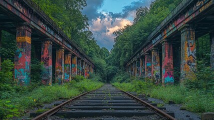 Obraz premium Graffiti-covered railway bridge, overgrown tracks, forest backdrop, summer evening