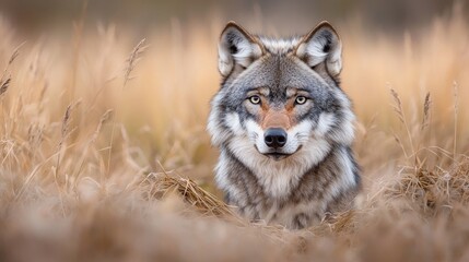 Obraz premium Wolf in tall autumn grass, wildlife portrait, nature background, perfect for wildlife documentaries