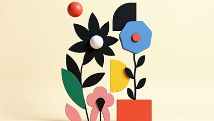Abstract Floral Composition with Geometric Shapes and Colors