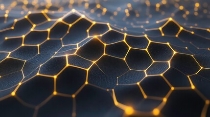 An abstract background of a quantum energy grid with interconnected hexagonal patterns and a glowing effect, symbolizing futuristic power systems.