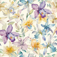 Cute pastel painting of purple, yellow, and blue orchid flowers watercolor floral seamless pattern. Watercolor print in rustic vintage style, textile or wallpapers.