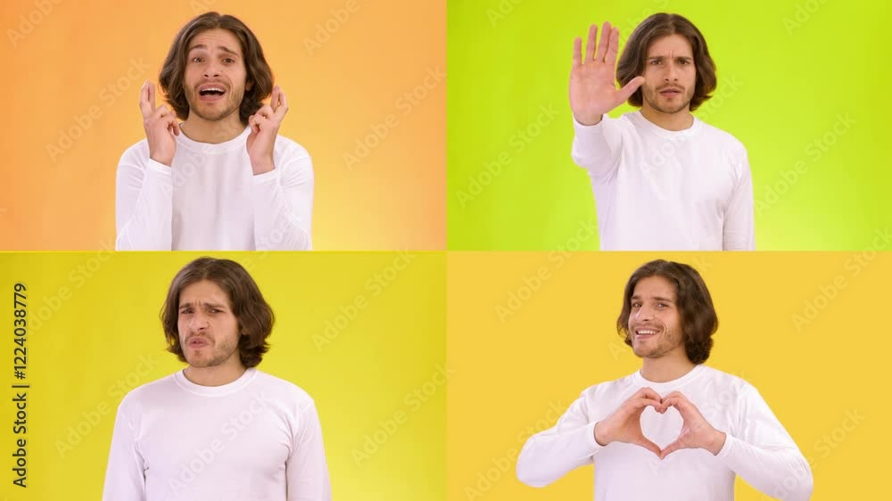 Poster a person displays various emotions through distinct hand gestures against vibrant backgrounds. the c