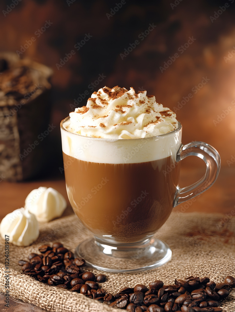 Poster whipped cream topped coffee in glass mug with roasted beans and rustic background : generative ai