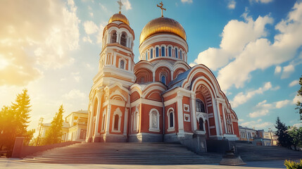 Fototapeta premium Majestic Orthodox Cathedral under Clear Blue Sky with Golden Domes Lit by Sunlight : Generative AI
