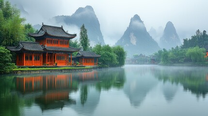 Naklejka premium Serene Misty Mountain Lake with Chinese Pavilion