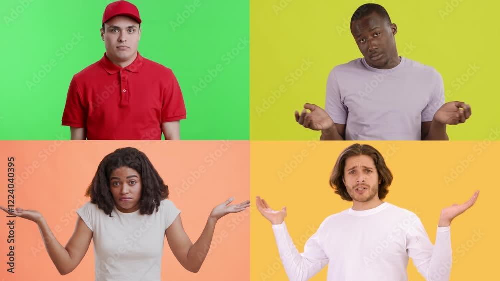 Poster Four people from different backgrounds display a range of emotions through gestures. Each person presents a unique response, surrounded by vibrant colored backgrounds that enhance the expressions.