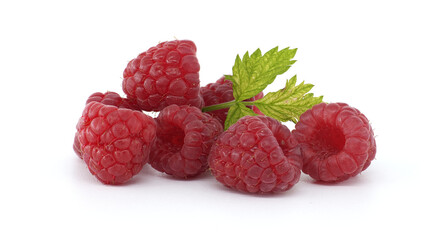 Fresh Ripe Red Raspberries with Green Leaves on White Background