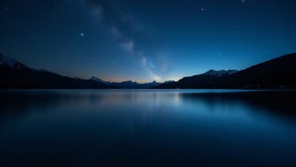 A calm lake reflects a sky full of bright stars, creating a magical, mirrored effect.