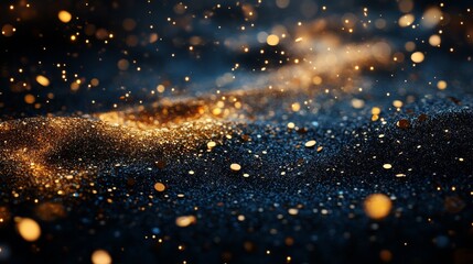 Obraz premium Glittering Gold Confetti on a Dark Black Surface, Festive Celebration Background with Golden Shimmer and Elegance