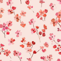 Cute small cherry blossoms, with soft pink and red tones watercolor floral seamless pattern. Watercolor print in rustic vintage style, textile or wallpapers.