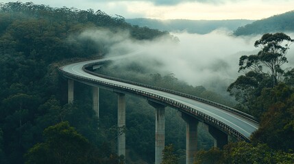 Obraz premium A bridge road over a misty gorge, with the surrounding landscape softly illuminated.