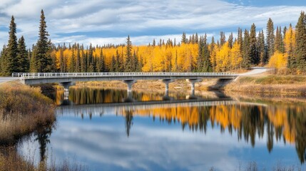 Fototapeta premium A bridge road suspended over a calm river, with reflections of surrounding trees and skies.