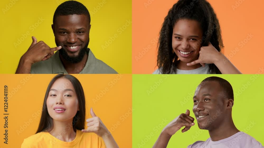 Poster four joyful individuals of different backgrounds display positive emotions with playful phone gestur
