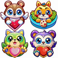 Fototapeta premium Four adorable cartoon animals holding hearts. (3)