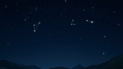 A clear night sky filled with bright, visible constellations such as Orion and the Big Dipper.