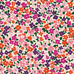 Cute small flowers in pink, purple, and orange on a white background watercolor floral seamless pattern. Watercolor print in rustic vintage style, textile or wallpapers.