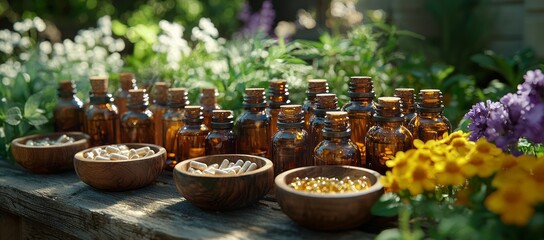 Fototapeta premium Herbal remedies & supplements outdoors. Garden background. Alternative medicine