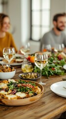 Cozy Gathering of Friends Enjoying Delicious Food and Wine at a Stylish Dining Table with Fresh Ingredients