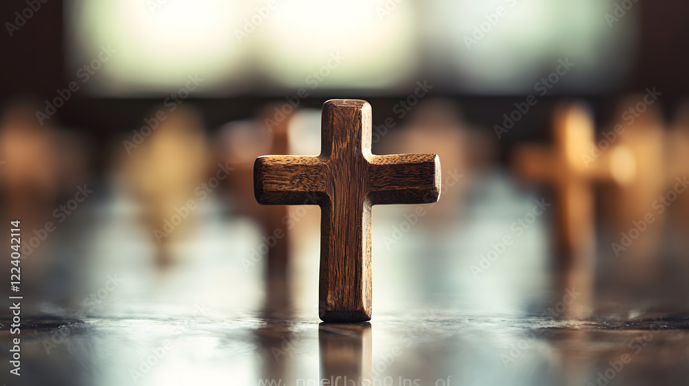 Aufkleber rustic wooden cross on reflective surface symbolizing faith and tranquility : generative ai