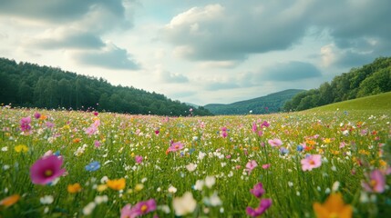 Obraz premium A meadow of mixed wildflowers with vibrant hues, surrounded by forested hills and a cloudy sky.