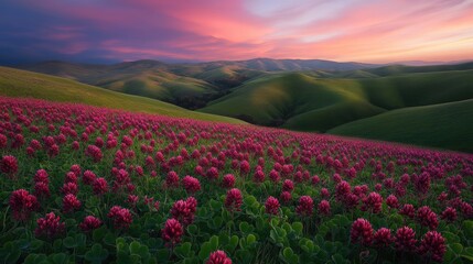 Obraz premium A meadow of crimson clovers surrounded by rolling green hills under a vibrant afternoon sky.