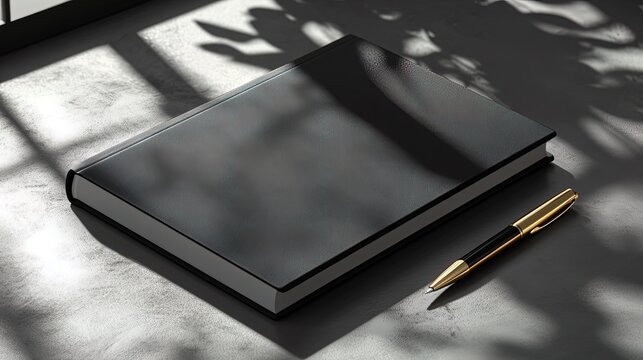 Elegant 3D mockup of a hardcover notebook, blank cover for custom design, shown with a pen and soft shadow