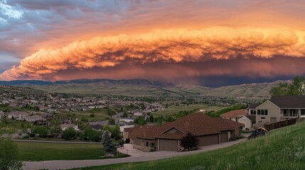A moody evening sky with heavy storm clouds tinted orange from the setting sun.