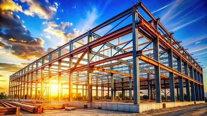 Fototapeta premium Construction Site: Metal Structure Beams Frame, Industrial Building Project