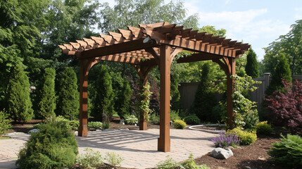 Naklejka premium One wooden pergola, its structure simple, with a single vine beginning to grow.
