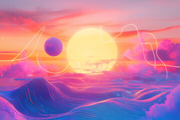 Vibrant surreal landscape featuring a large sun setting over colorful waves and a distant planet