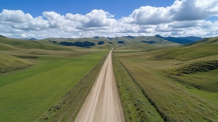 A picturesque rural dirt road bordered by vibrant green fields and distant hills under a sunny sky.
