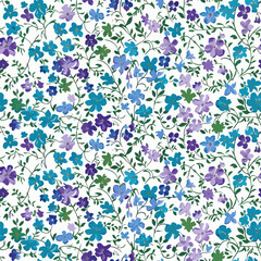 Cute small blue, purple, and green flowers on a white background watercolor floral seamless pattern. Watercolor print in rustic vintage style, textile or wallpapers.