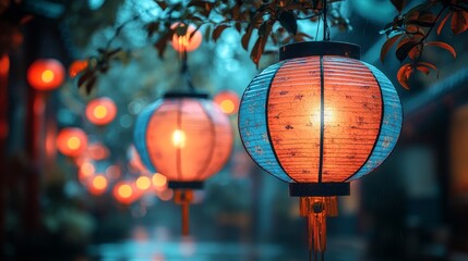 Illuminated lanterns illuminating a tranquil Asian garden at night