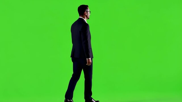 Confident Stride: A businessman in a sharp suit walks purposefully against a vibrant green screen, ready for any challenge.  His confident posture and determined stride convey ambition and success. 